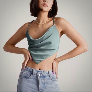 Oak + Fort Elegant Teal Satin Cowl Neck Top